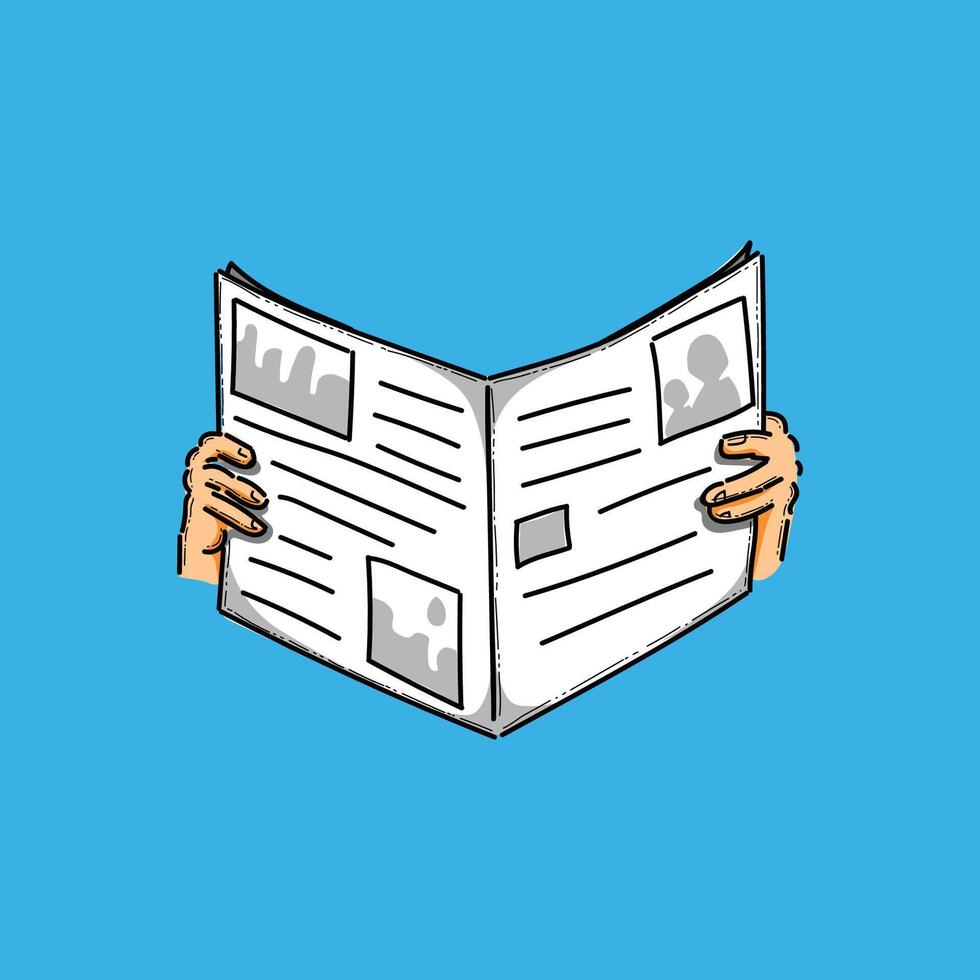 An illustrated depiction of hands holding a newspaper, portrayed against a solid blue background. The sketch highlights simplicity, emphasizing concepts like news, reading, and communication. vector