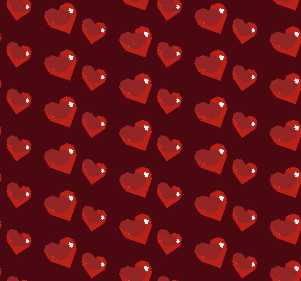 Seamless pattern of red heart shapes on a deep red background. Pixelated style giving a retro and game-inspired. Playful and nostalgic suitable for Valentine Day themes. vector