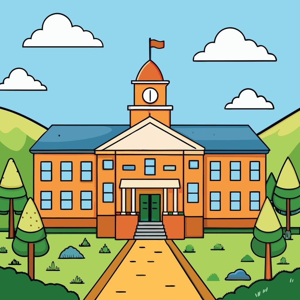 School flat colored illustration with building landscape and welcome back to school headline vector