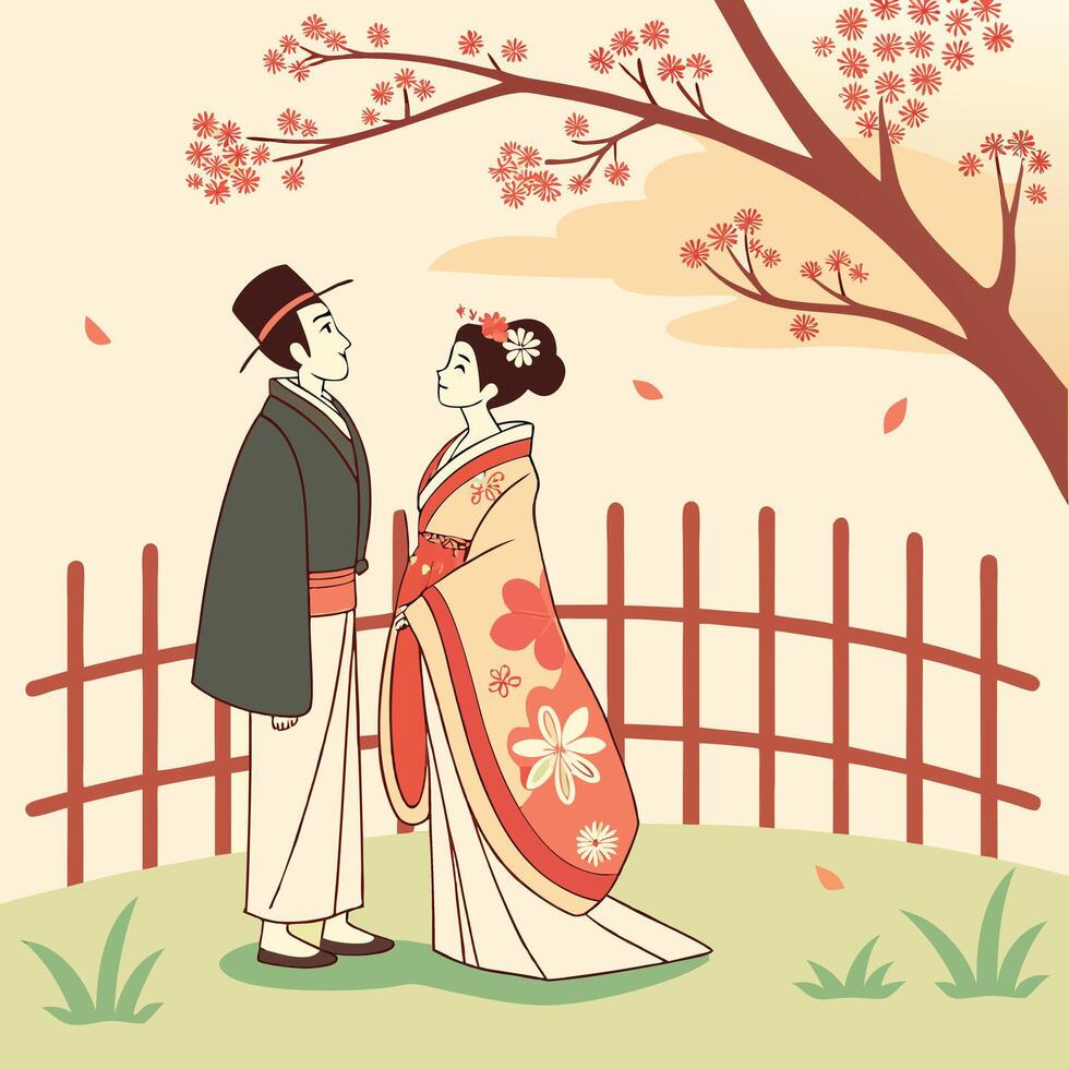 Romantic couple dating in sakura park vector
