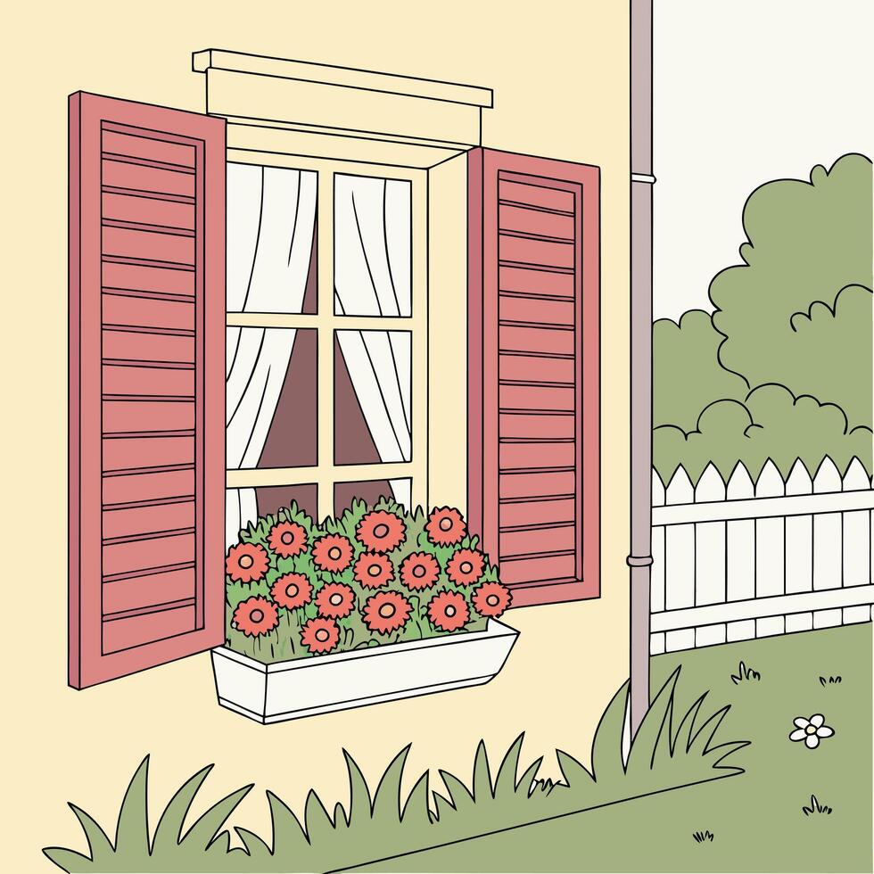Window scene with green grass and flowers vector