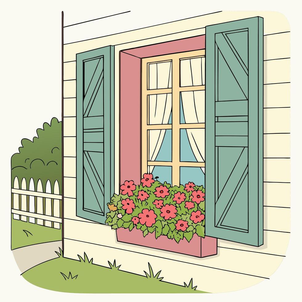 An open window with a beautiful landscape in good sunny weather in spring or summer. vector