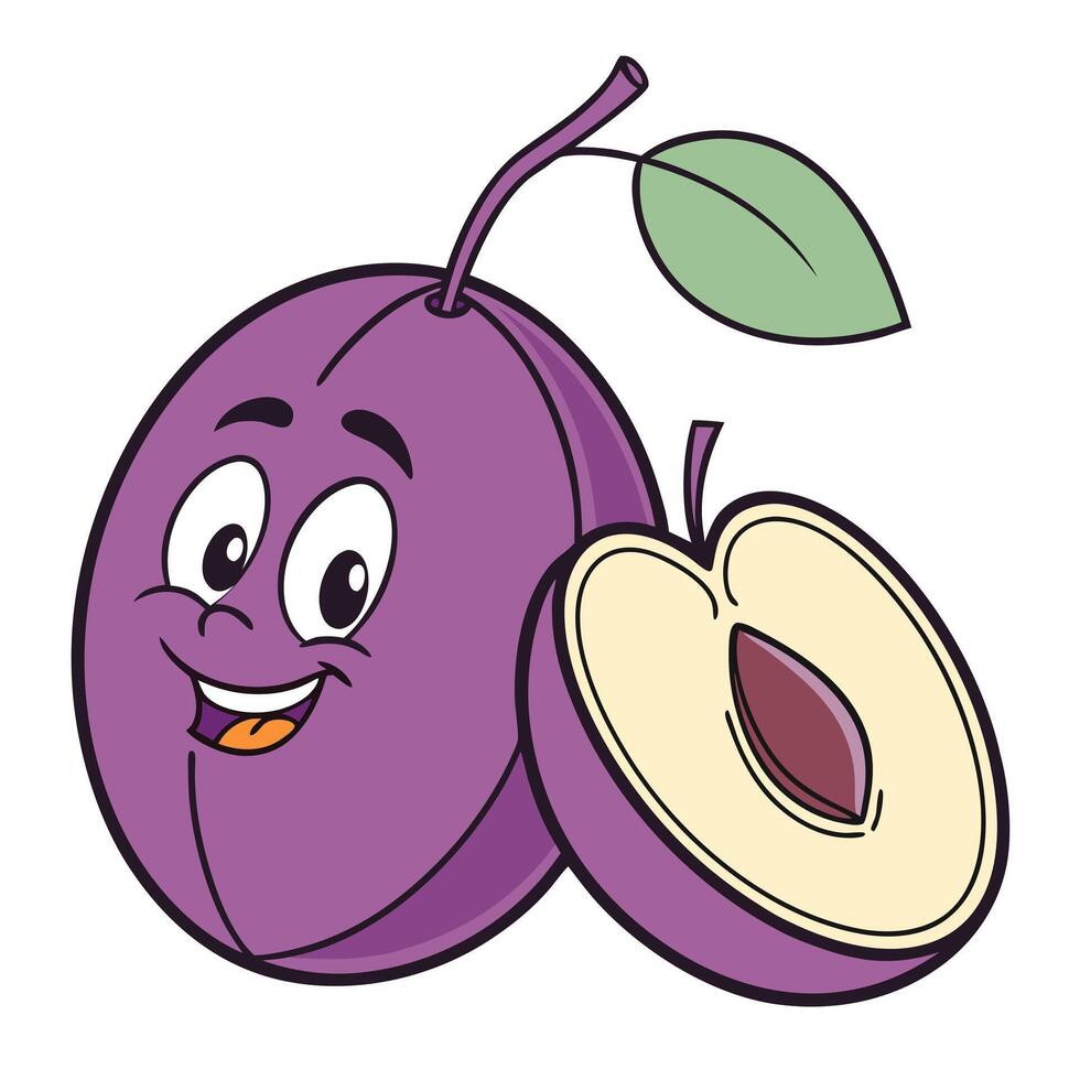 Plum two halves with seed isolated on white background Bright illustration of plum halves Sweet vector