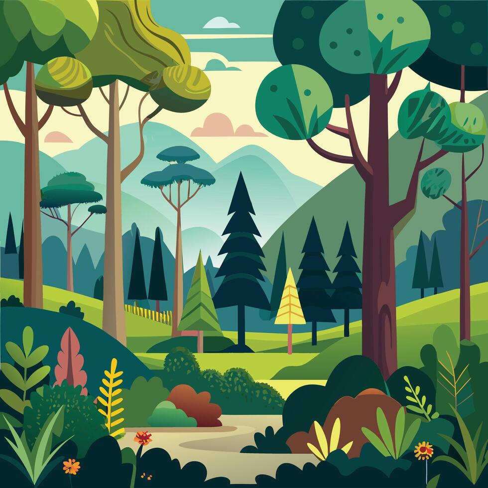 African forest landscape at sunset scene with many big trees vector