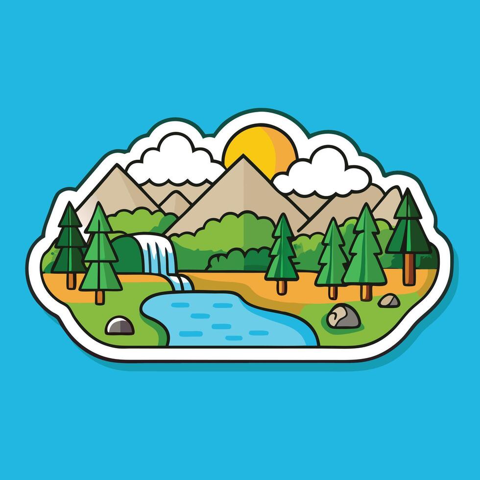 A cartoon of a landscape with trees and a blue river in the background. vector