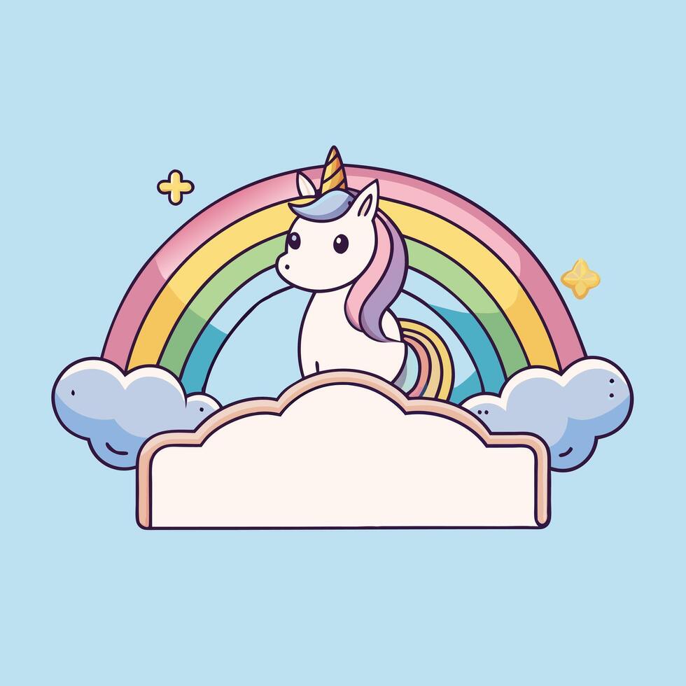 Unicorn sitting on the cloud with rainbow on white background vector