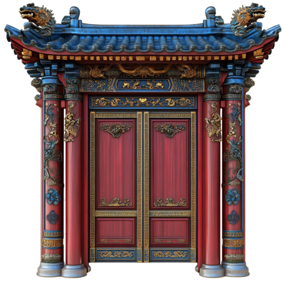 Chinese Door with Red and Blue Pillars png