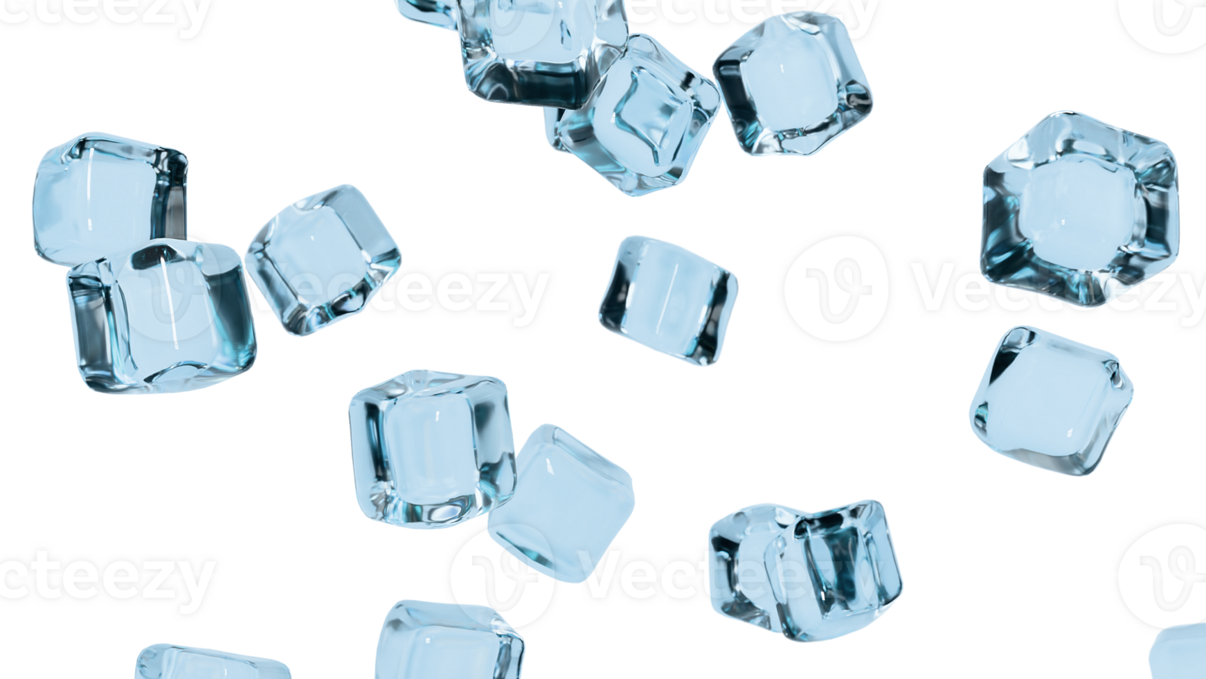 Refreshing ice cubes flying overlay 3d render horizontal png
