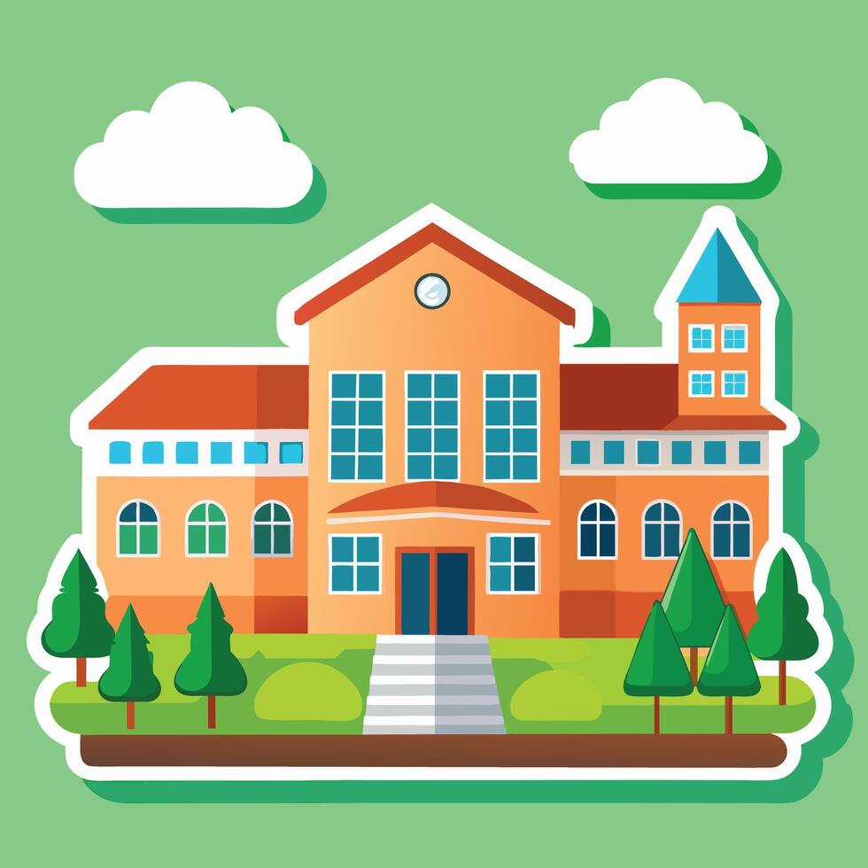 School building and waving flag with flat design vector