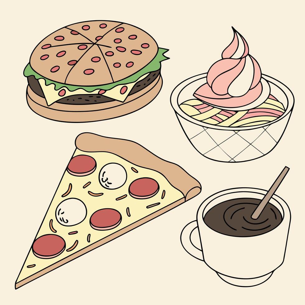 Slice of pizza,pasta and bag of french fries vector