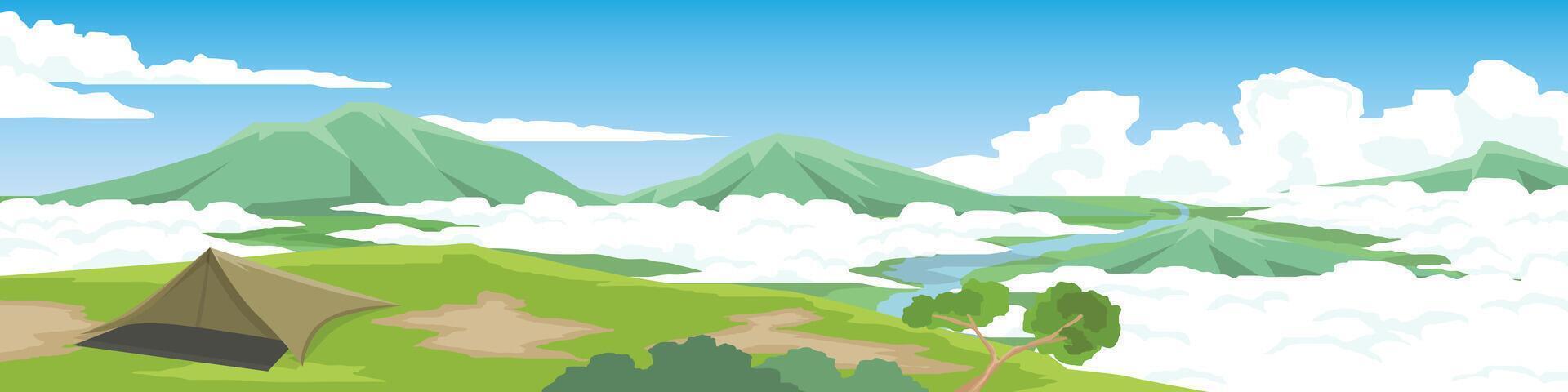 Peaceful camping spot amidst the breathtaking scenery under a blue sky with fluffy white clouds. Serene mountain landscape with rolling green hills, a winding river snaking through the valleys. vector