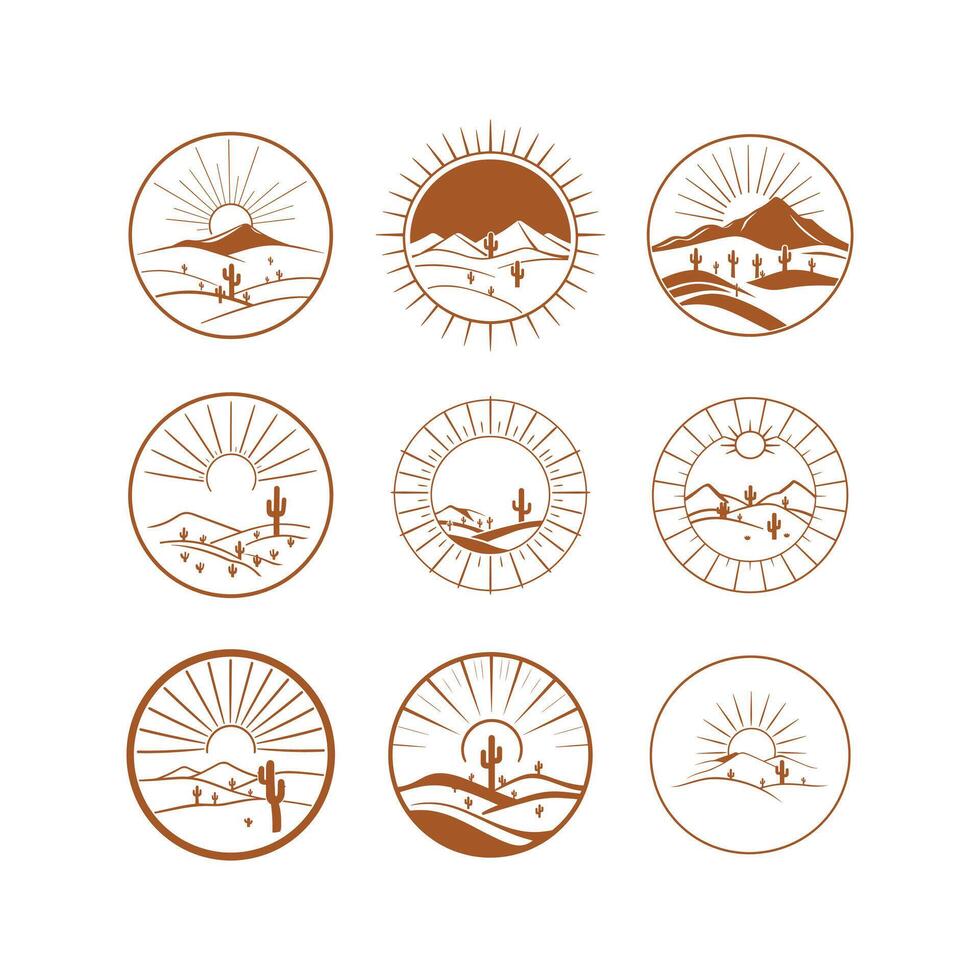Set of nine desert landscape icons featuring sunbursts, mountains, and cacti. Perfect for branding or design projects with a southwestern theme. vector