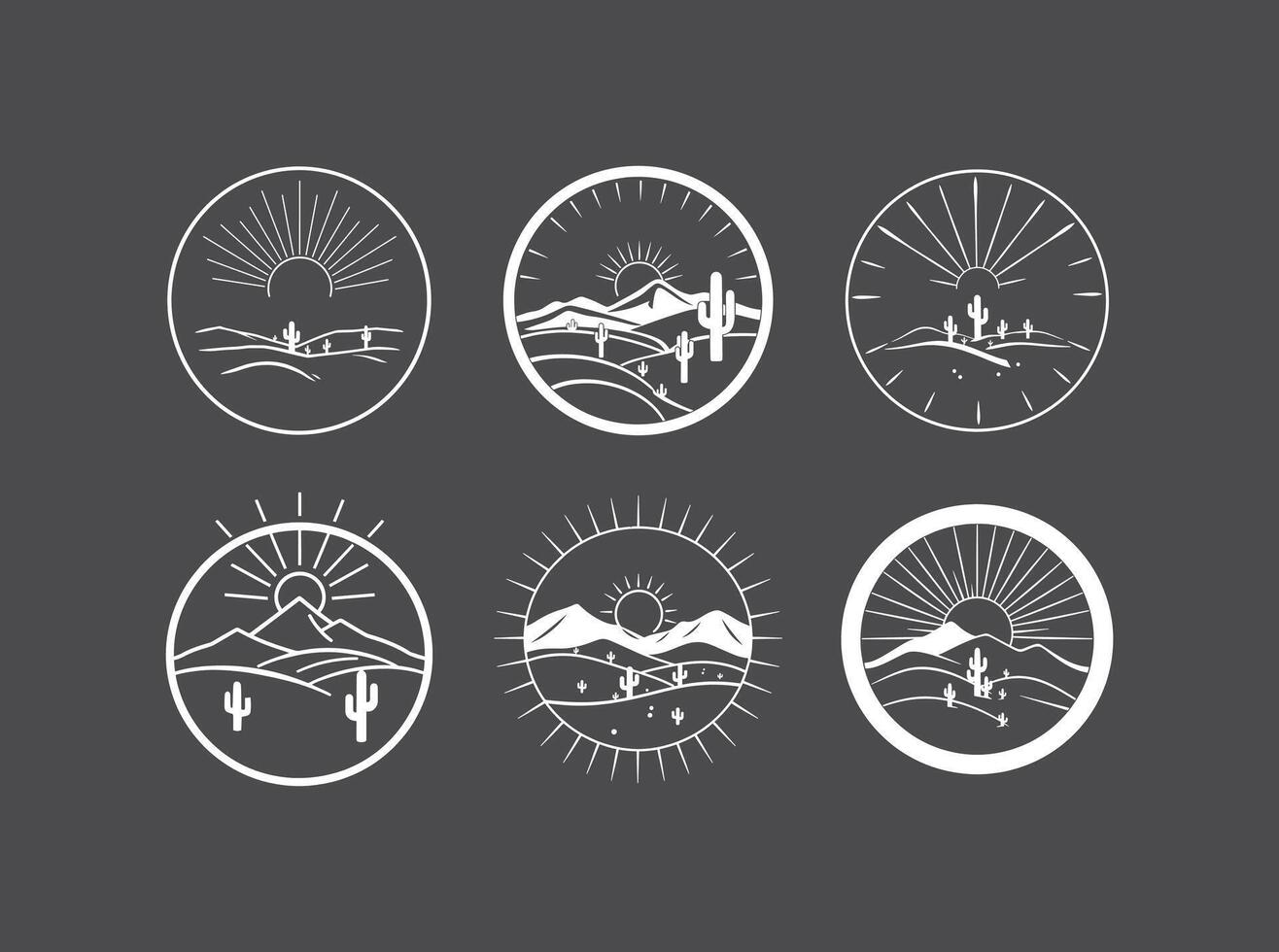 Collection of six minimalist desert sunset illustrations, each with unique landscape variations, perfect for branding or design projects. Clean, modern aesthetic. vector