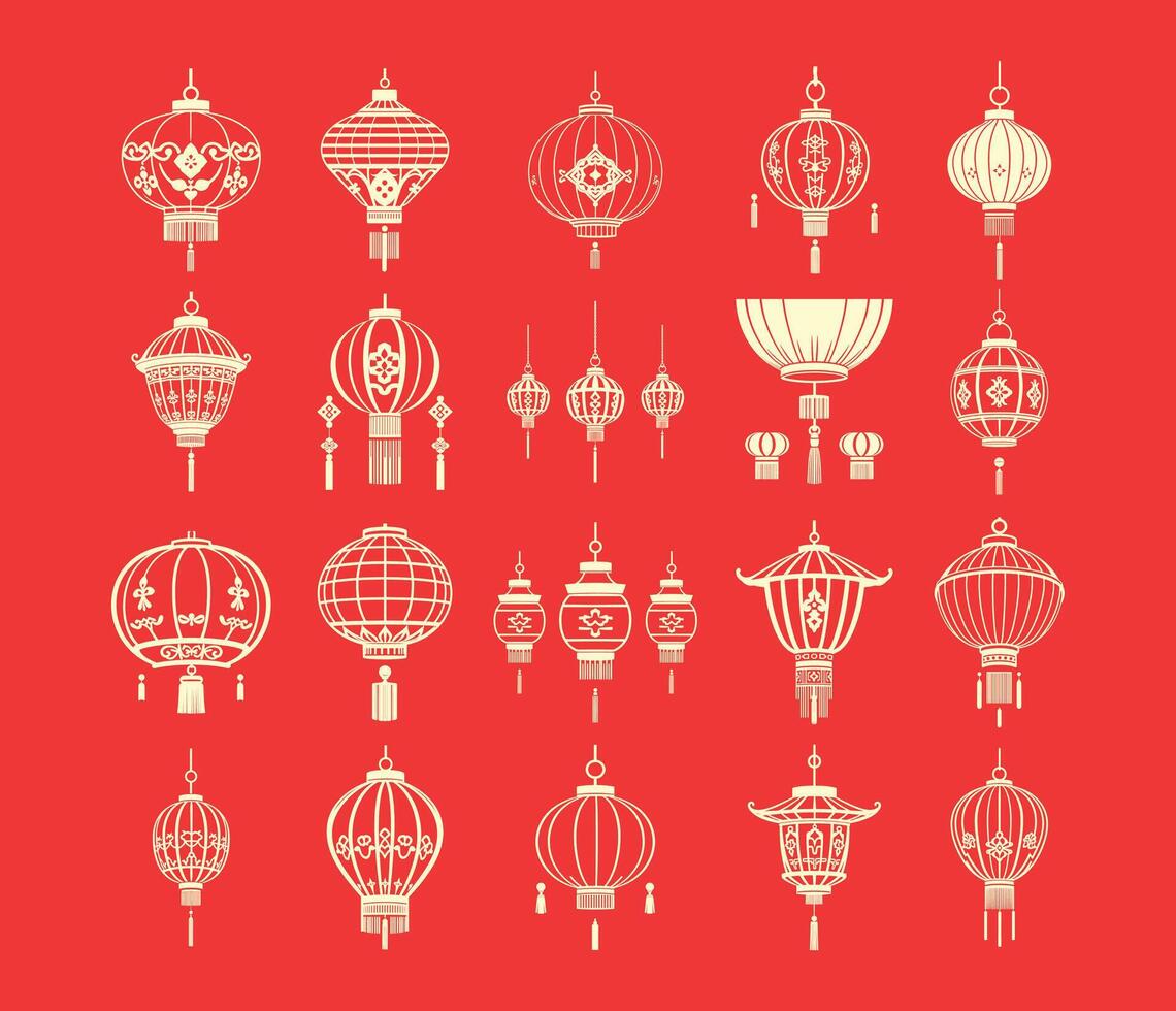 Collection of Exquisite Chinese Lanterns A Festive and Cultural Display. Various traditional Chinese lanterns in red and gold. Perfect for Lunar New Year, cultural events, or decorative purposes. vector