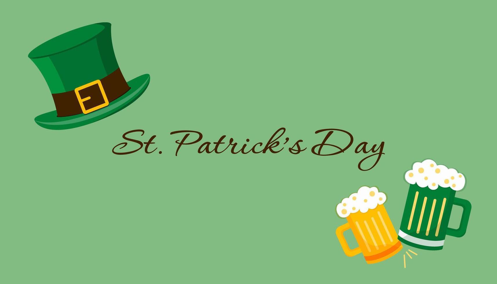 St. Patrick's Day themed illustration with leprechaun hat, clinking beer mugs, green background, festive celebration concept vector