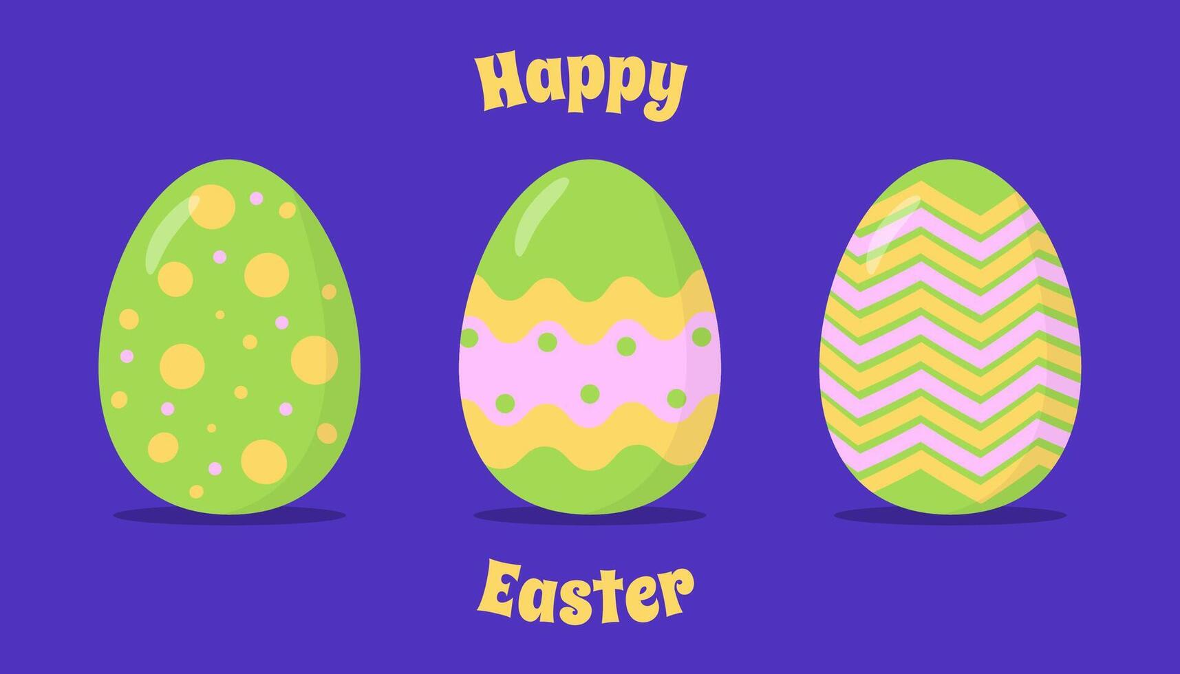 Three bright Easter eggs with unique patterns on a purple background, celebrating Easter with vibrant colors and cheerful designs vector
