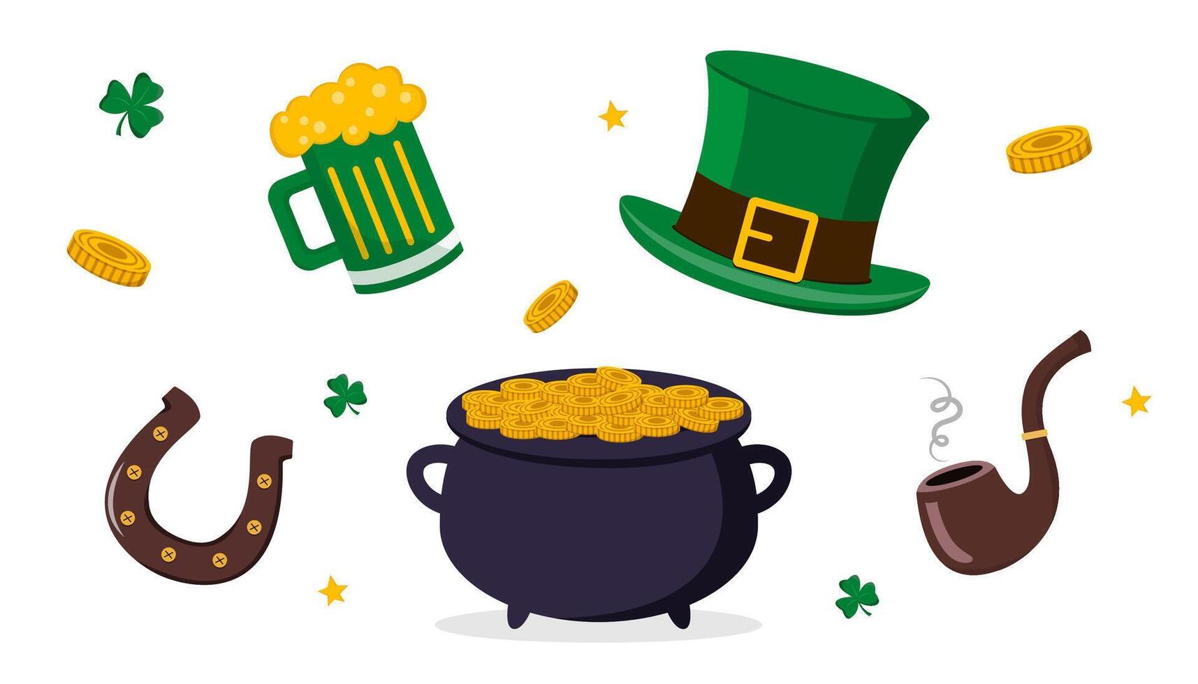 St. Patrick's Day-themed illustration featuring a green hat, pot of gold, clovers, beer mug, horseshoe, and smoking pipe on white background vector