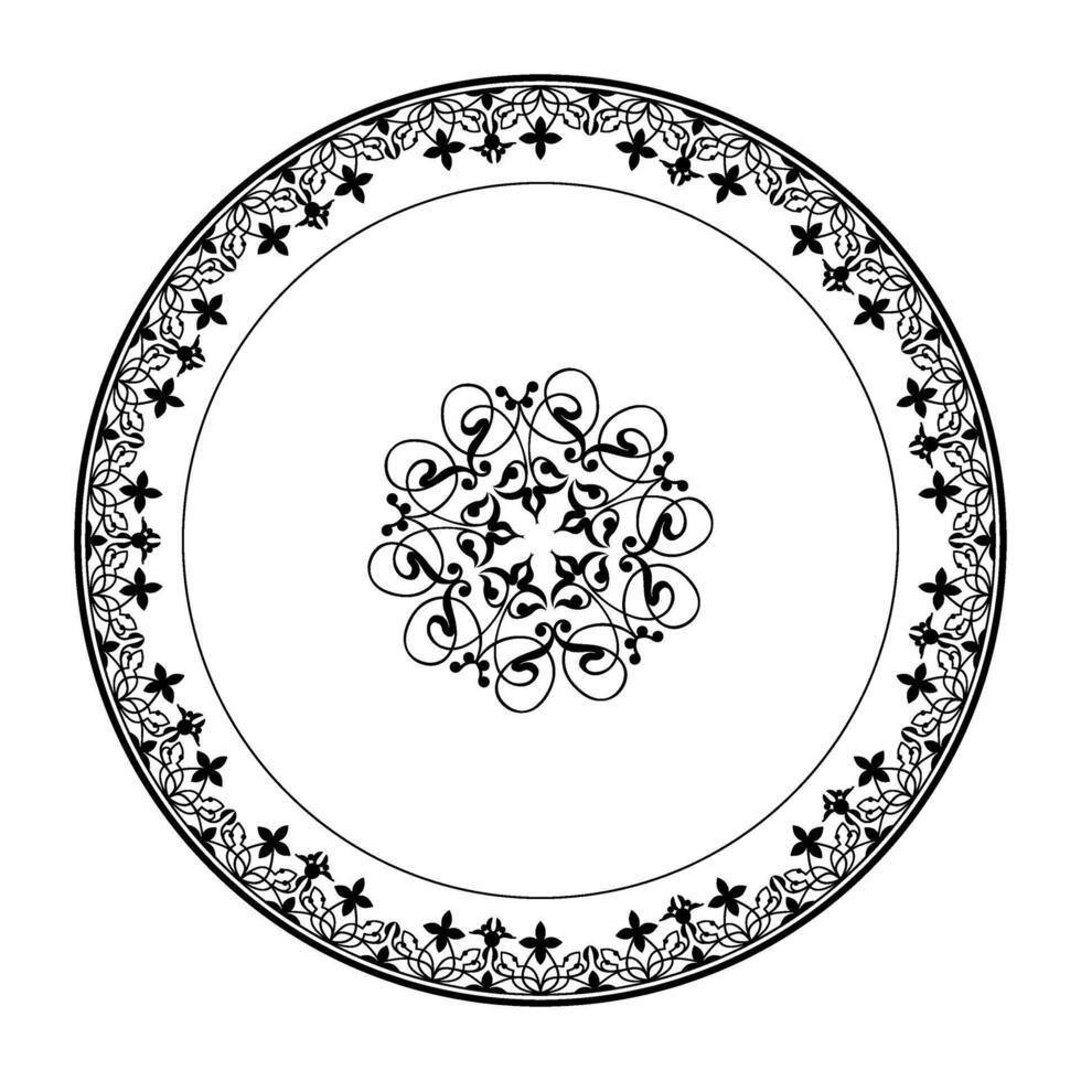 Abstract monochrome arabic frame on black background. Oriental round pattern frame arabesques with large pattern in the center. For circle surfaces, invitations, textiles, engraving, embroidery vector