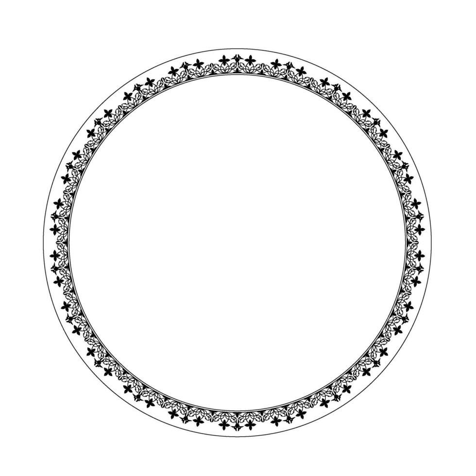 Round frame with black and white floral ornament on white background. European ornament. Border, frame, circle, ring Ancient Greece, Roman Empire. For household utensil, textile, embroidery, porcelain vector