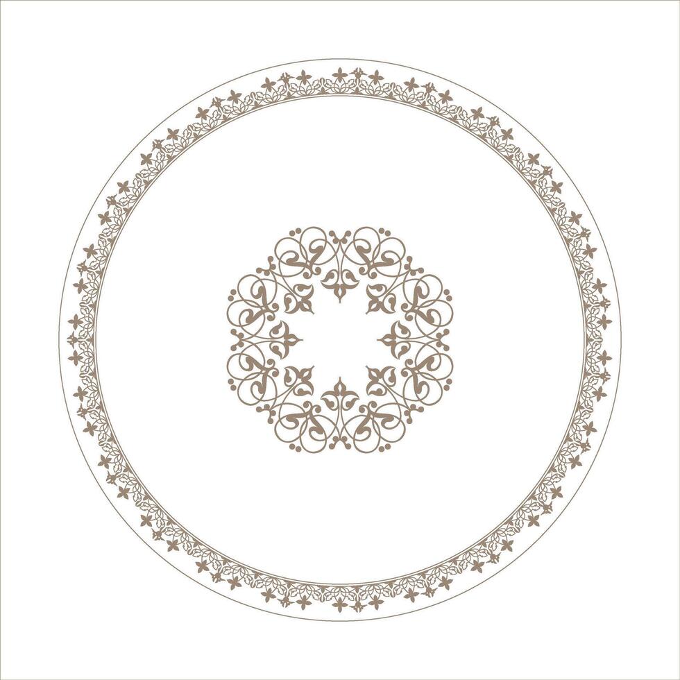 Abstract gold arabic frame on white background. Oriental round pattern frame arabesques with large pattern in the center. For circle surfaces, invitations, textiles, engraving, embroidery, porcelain vector