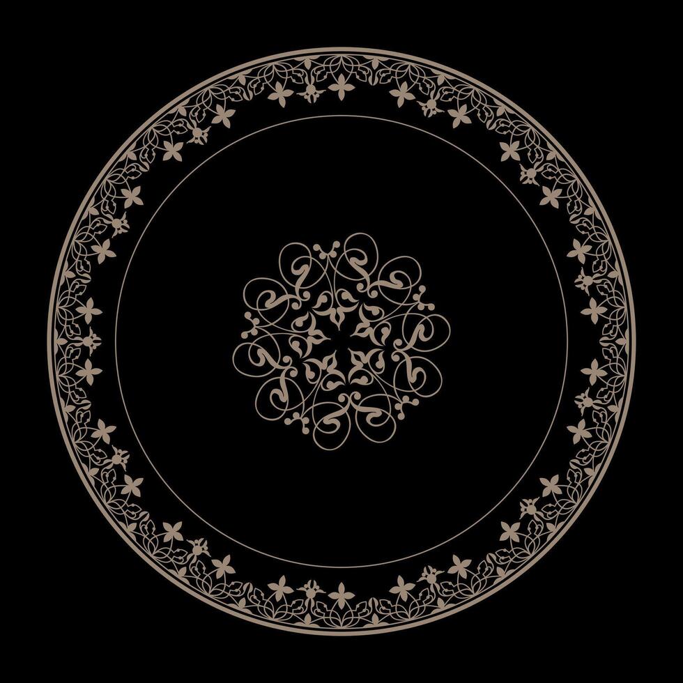 Oriental round pattern frame arabesques with large pattern in the center. Abstract golden arabic frame on black background. For circle surfaces, invitations, textiles, engraving, embroidery vector