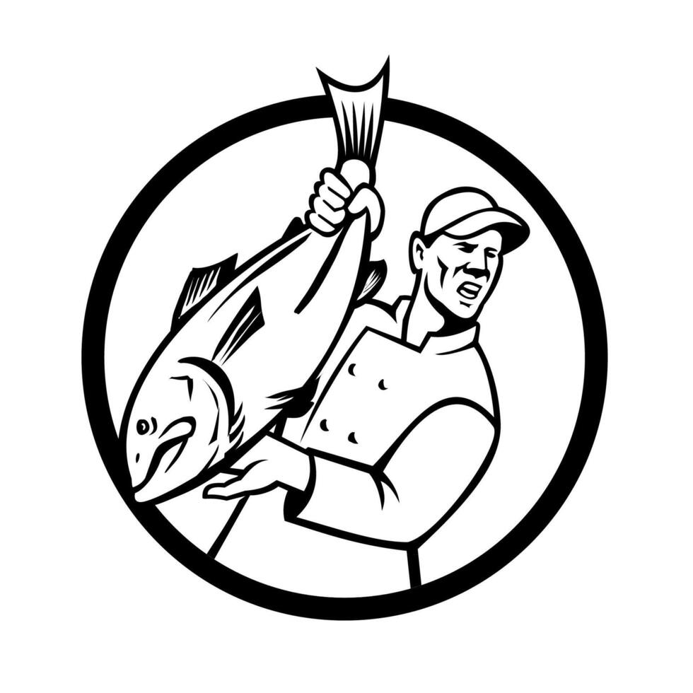 Fishmonger Holding and Selling Fish Inside Circle Mascot Retro Style vector