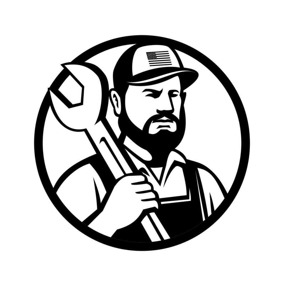 American Hipster Mechanic with Spanner Circle Mascot Retro vector