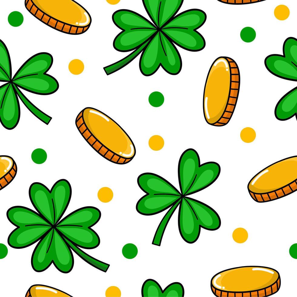 Cloverleaf with coins seamless pattern for St. Patrick day. vector
