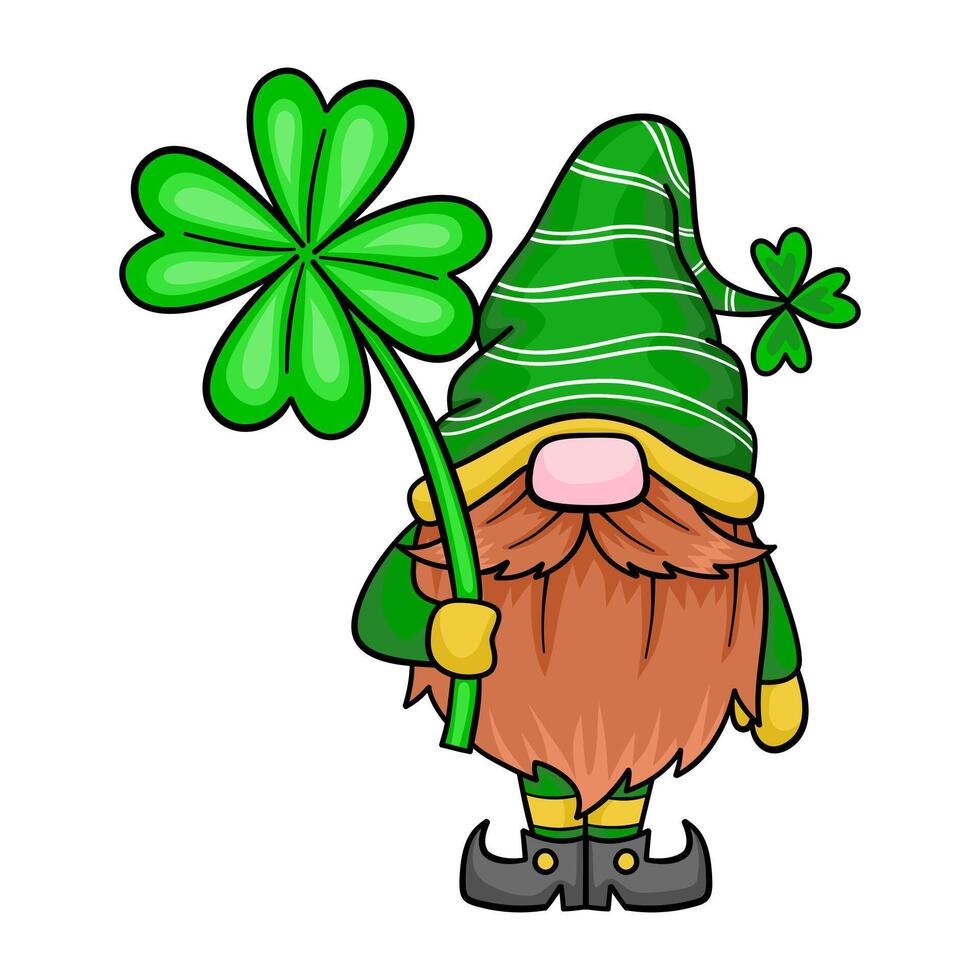 Gnome with cloverleaf in st. Patrick day illustration by hand drawn. vector