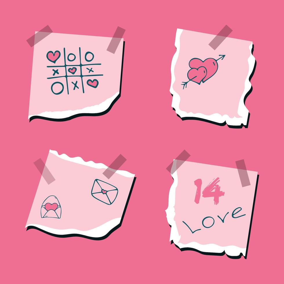 illustration of a set of pinkpaper stickers with Valentines day illustrations on a pink background. vector