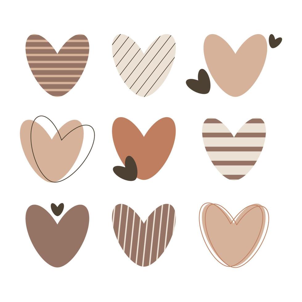 A set of beige, brown hearts with various patterns on a white background. vector