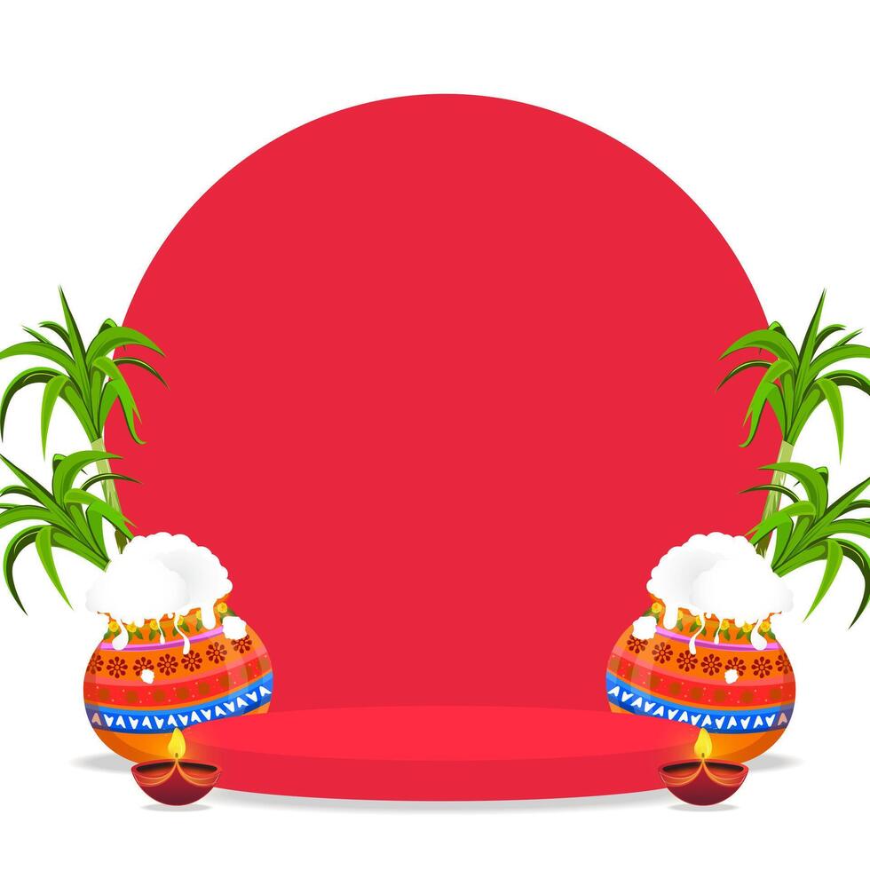 Traditional Pongal festival background with decorative pots and sugarcane illustration. vector