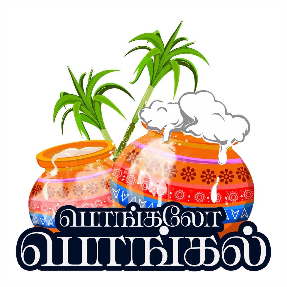 Traditional Pongal celebration with clay pots and sugarcane. Translate Happy Pongal Tamil text. vector