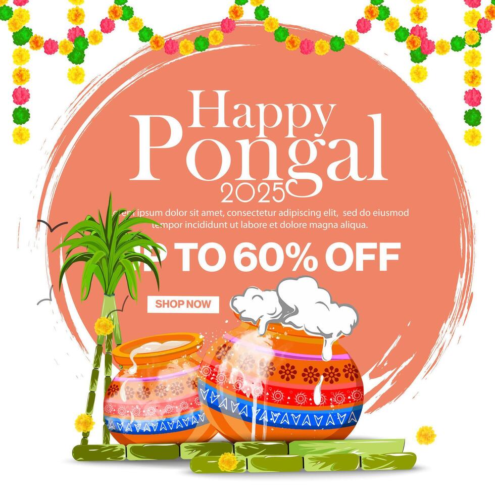 Pongal celebration sale banner design with pots and sugarcane vector