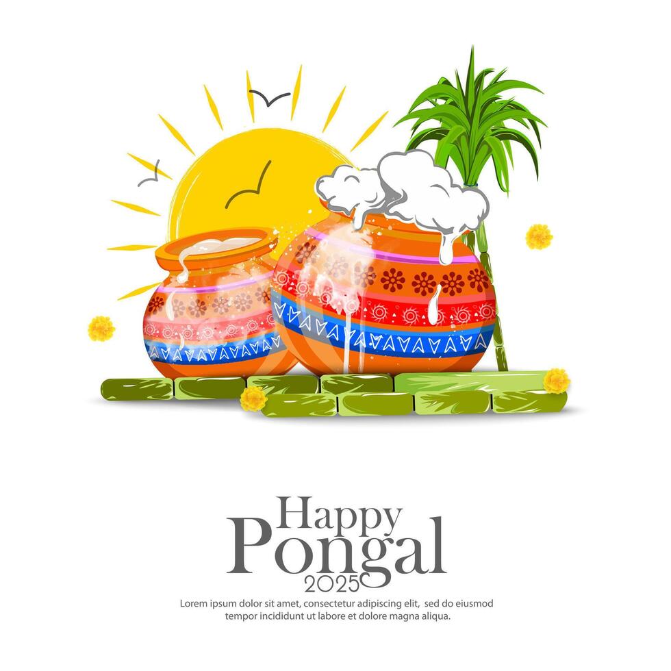 Colorful Pongal celebration design with sun, clay pot, and sugarcane, illustration. vector