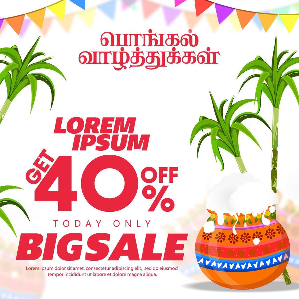 illustration of Pongal Big Sale banner design with festive elements. Translate Happy Pongal Tamil text. vector