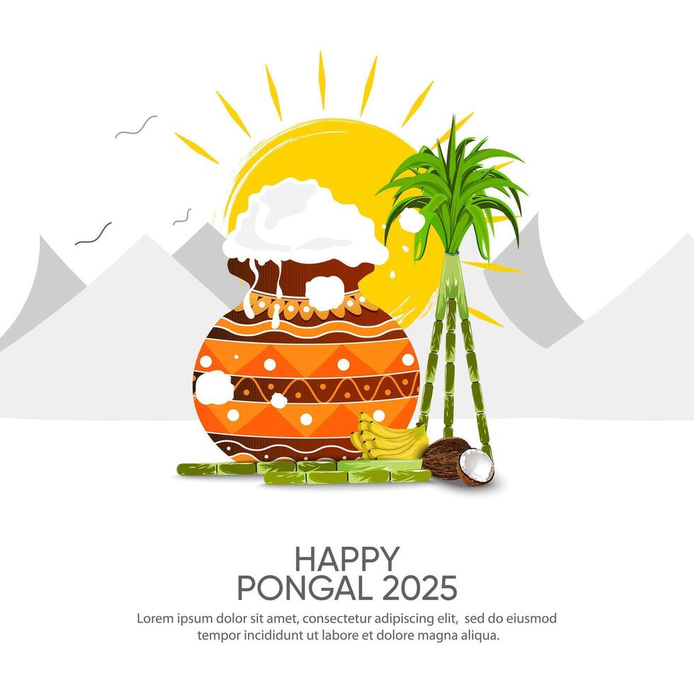 Colorful Pongal celebration design with sun, clay pot, sugarcane and fruits, illustration. vector