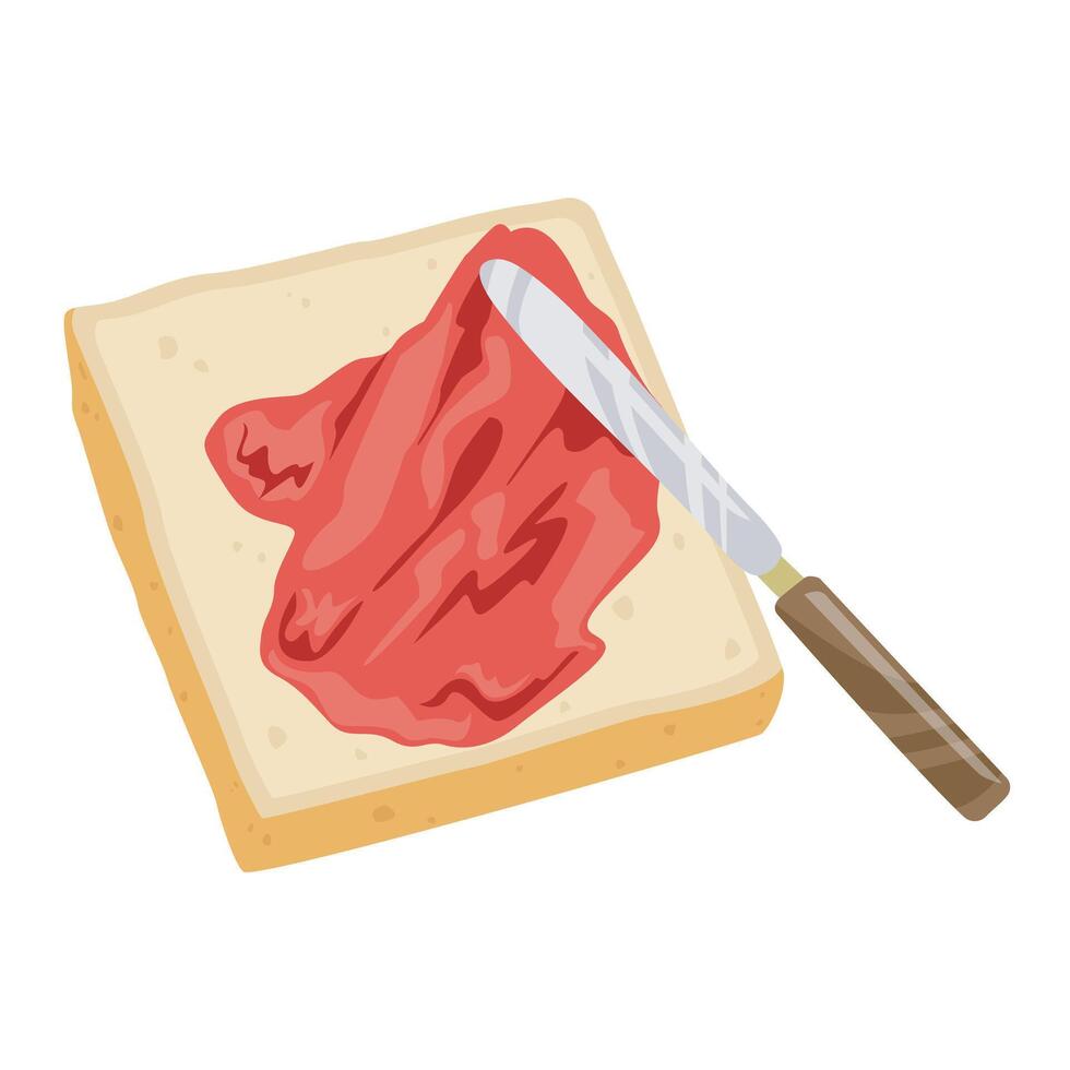 illustration of white bread smeared with fresh strawberry jam with a knife vector