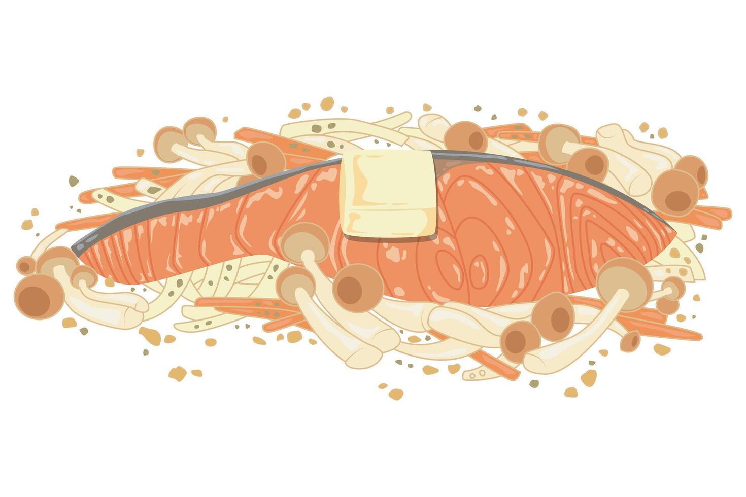 illustration of salmon dishes with carrots, mushrooms and butter on top vector