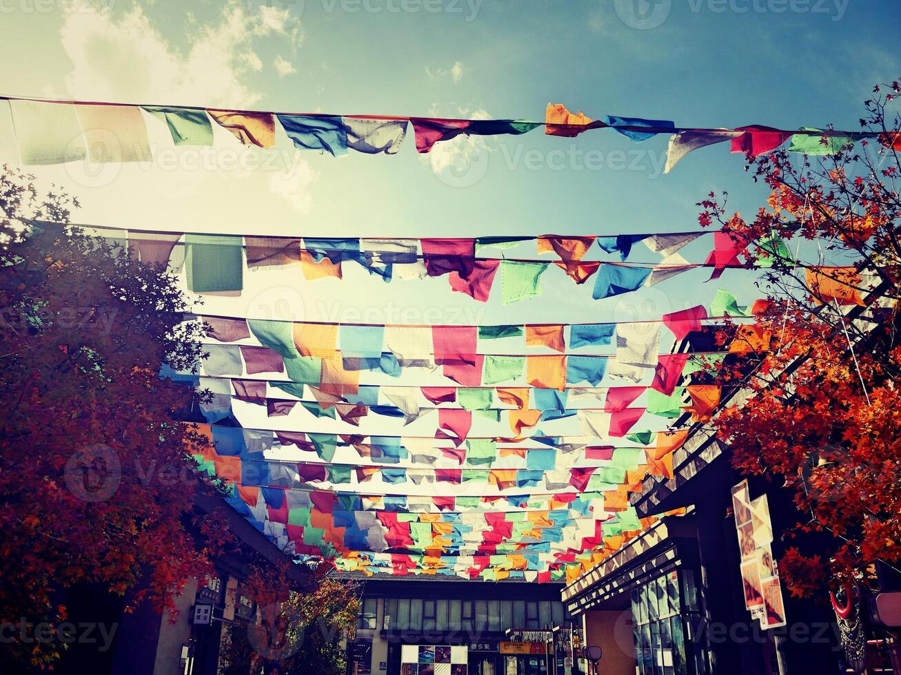 a street with many colorful flags hanging from the sky photo