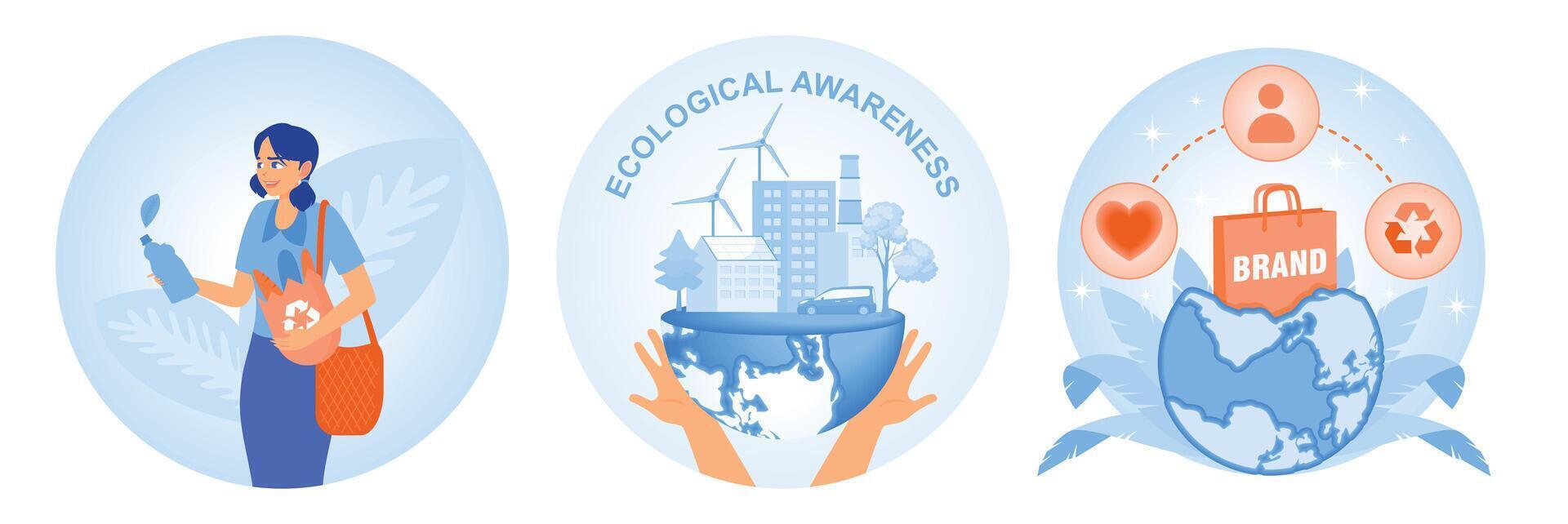 Ecological awareness and sustainability representation in three conceptual illustrations. vector