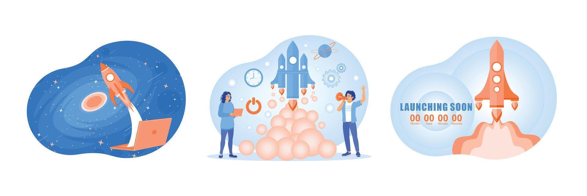 Set of business launch concept illustrations with rockets and business icons. vector