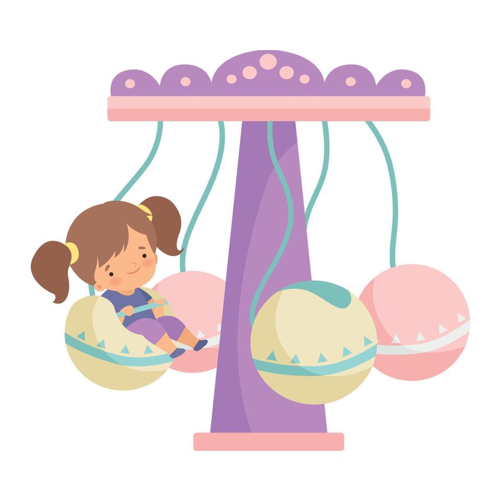Cute Little Girl Having Fun at Carousel in Amusement Park Illustration vector