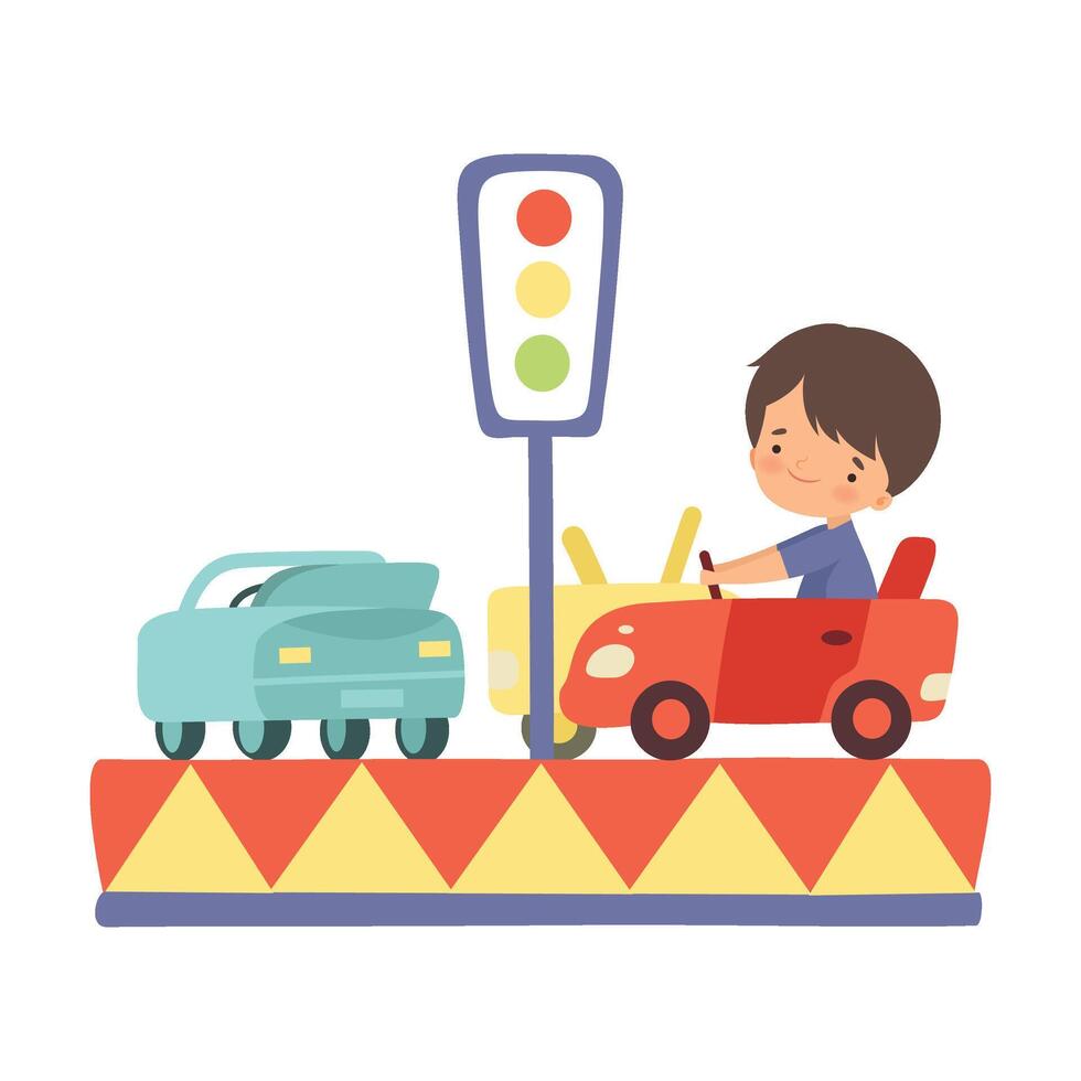 Cute Little Boy Riding at Car Carousel, Happy Kid Having Fun in Amusement Park Illustration vector
