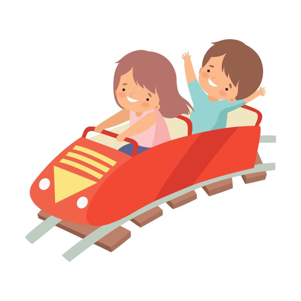Cute Boy and Girl Riding on Roller Coaster Car, Happy Kid Having Fun in Amusement Park Illustration vector