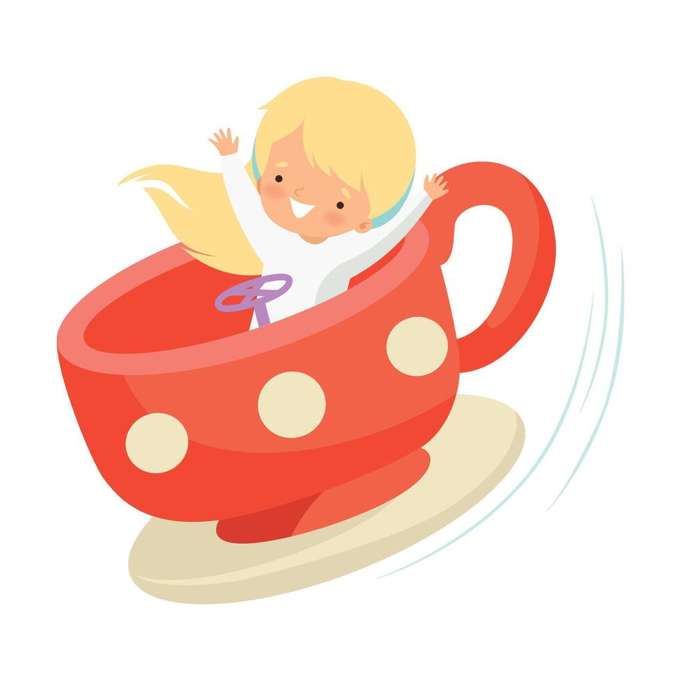 Cute Little Boy Sitting in Cup Carousel, Happy Kid Having Fun in Amusement Park Illustration vector