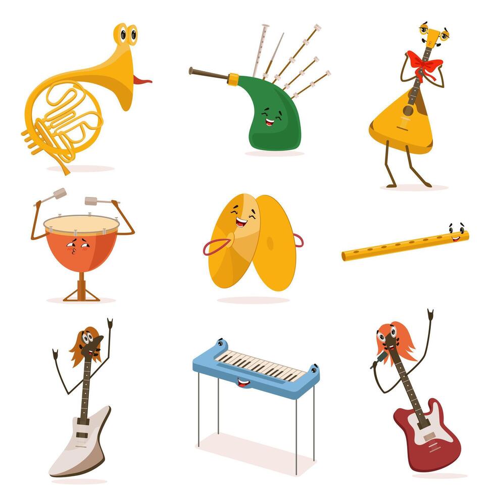 Funny Musical Instruments Cartoon Characters with Funny Faces Set, Guitar, Synthesizer, Flute, Bagpipes, Balalaika, Cymbals, Drum Illustration vector