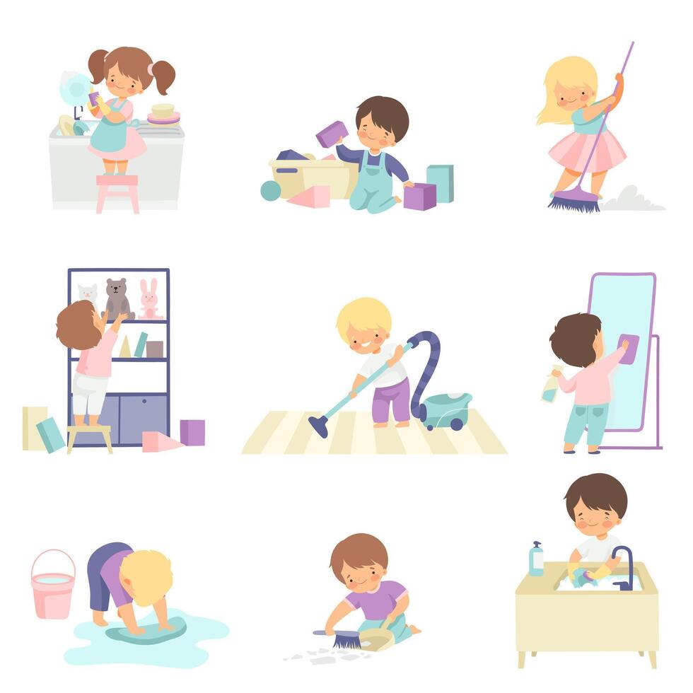 Cute Adorable Kids Doing Housework Chores at Home Set, Cute Little Boys and Girls Washing Floor, Dishes, Cleaning Up Toys Illustration vector