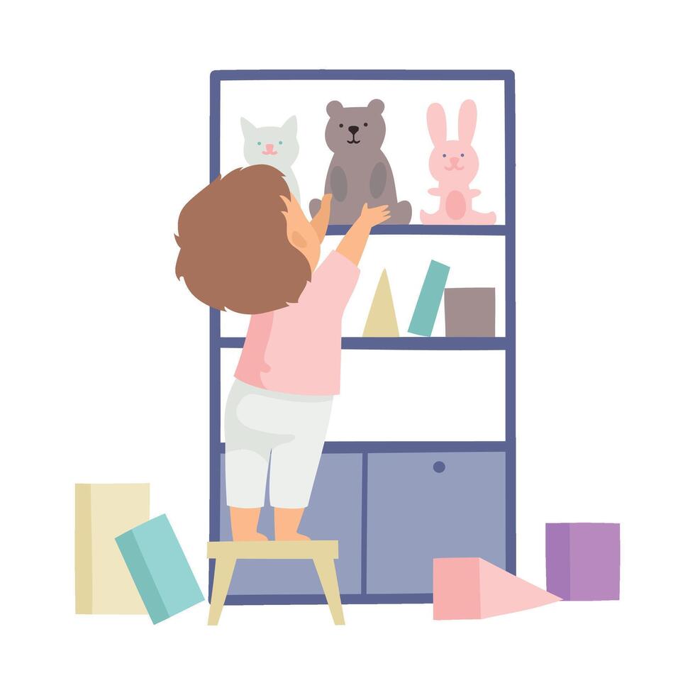 Cute Boy Cleaning Up His Toys and Putting Them In Cupboard, Kid Doing Housework Chores at Home Illustration vector