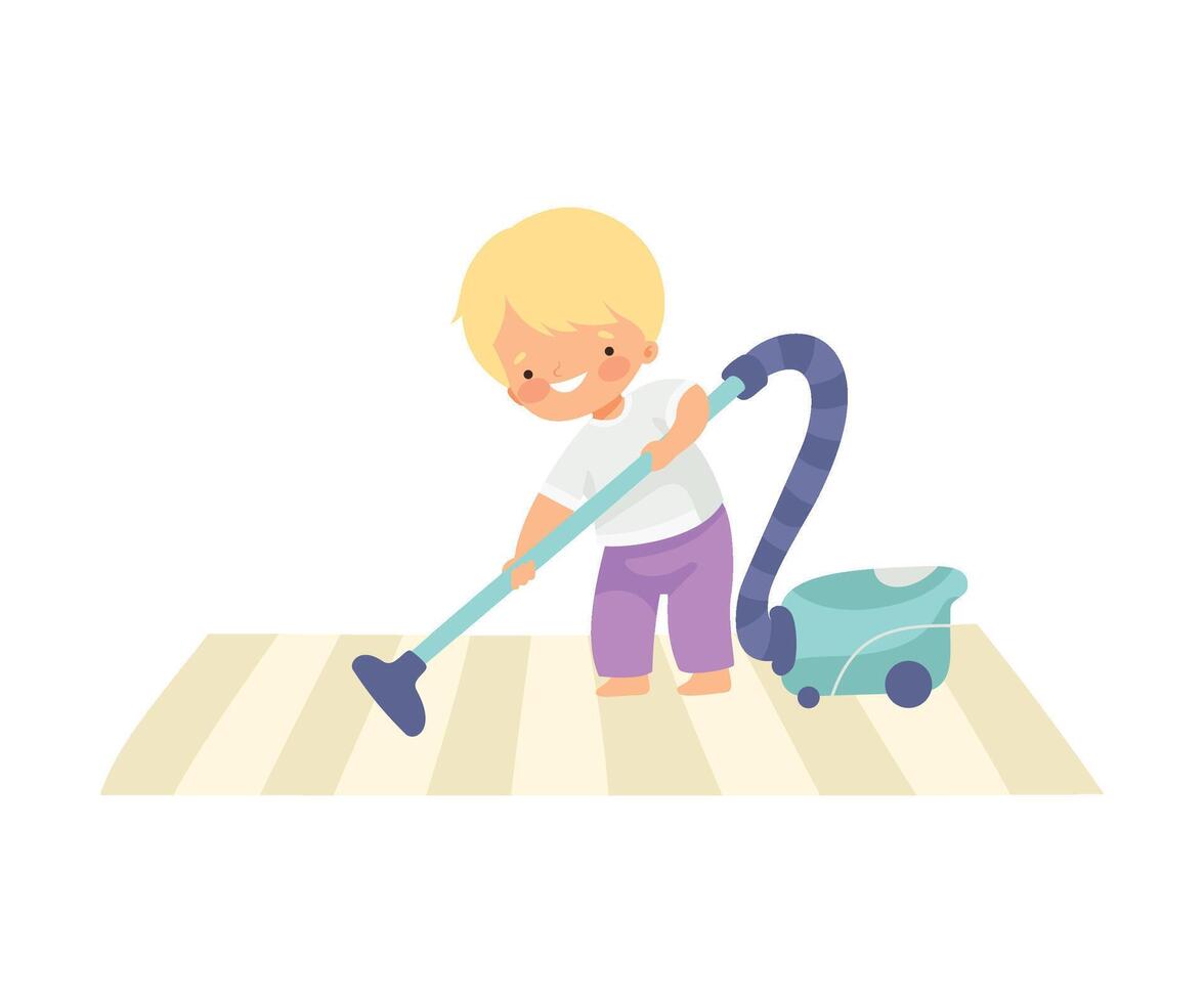 Cute Boy Vacuuming Carpet, Adorable Kid Doing Housework Chores at Home Illustration vector